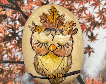 Sleeping Owl with Fall Leaf Crown, Fall Thanksgiving Decoration, Hand Painted Rock,  Stone Painting