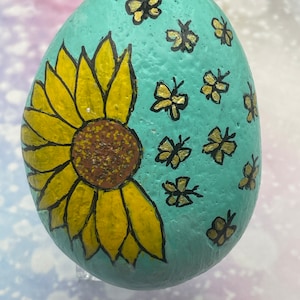 Sunflower and Butterflies, Pebble Art, Painted Rock