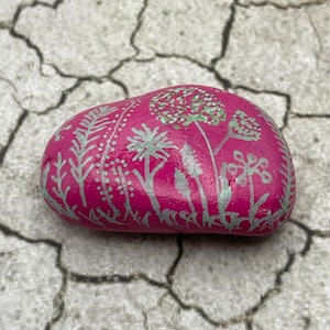 Berry Boho Botanical Nature Flowers, Hand Painted Rock, Abstract Pebble Stone Art