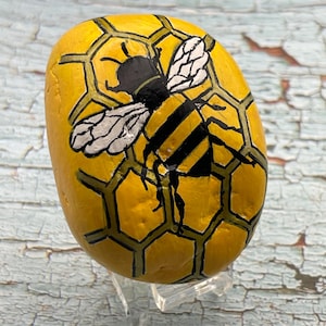 Bee and Honeycomb Painted Rock, Bee Lover Gift, Bumblebee Art, Hand Painted Stone Art Decor