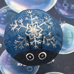 Blue and Silver Snowflake Ladybug, Christmas Holiday Pebble Art, Painted Rock