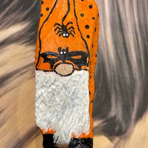 Bat Mask Gnome with Spider, Halloween Decor, Hand Painted Rock, Pebble Art, Stone Painting