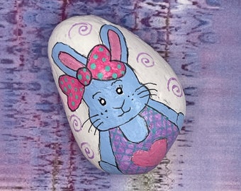 Blue Bunny With Pink Hair Bow and Purple Overalls, Easter Decor, Spring Painted Rock, Stone Painting