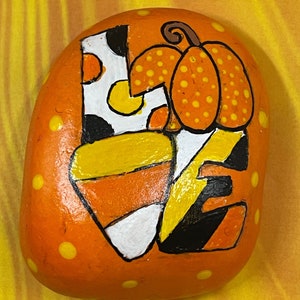Hand Painted Rock, Harvest Pumpkin Candy Corn “Love”, Fall, Autumn, Pebble Art, Stone Painting, Kindness Rocks, Acrylic Painting, Sealed