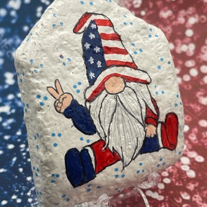American Flag Peace Gnome, Red White and Blue Painted Rock, Patriotic