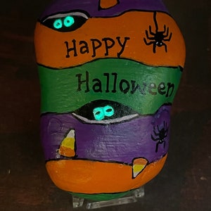 Glow in the Dark Eyes on Happy Halloween Art, Candy Corn, Spiders, Hand Painted Rock Stone Art