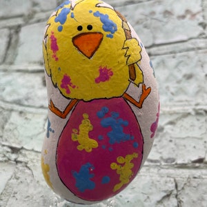 Painting Chicken Sitting on Easter Egg, Egg-Spress Yourself, Spring Decor, Painted Rock, Stone Painting