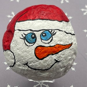 Whimsical Winter Snowman with Santa Hat, Christmas Holiday, Painted Rock, Pebble Art