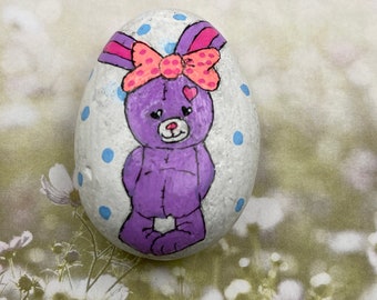 Purple Bunny With Pink Hair Bow, Some Bunny Cares, Easter Decor, Spring Painted Rock, Stone Painting