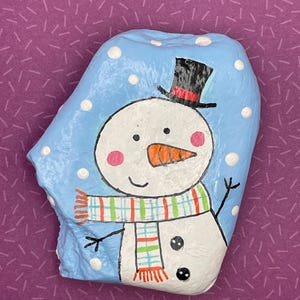 Festive Snowman Wearing Top Hat and Scarf, Winter Scene Decor, Painted Rock