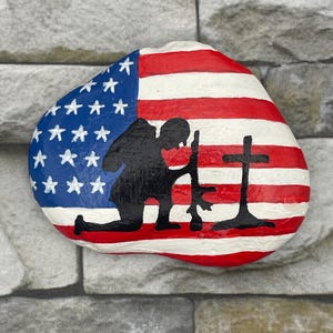 Praying Soldier Painted Rock, Patriotic Christian Decor, American Flag ...