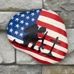 Praying Soldier Painted Rock, Patriotic Christian Decor, American Flag ...