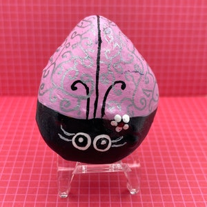 Pink Ladybug with Silver Design and Flower, Animal Art, Painted Rock, Stone Painting