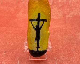 Silhouette Jesus on the Cross with Sunset,  It is Finished, Religious Easter Painted Rock, Stone Painting