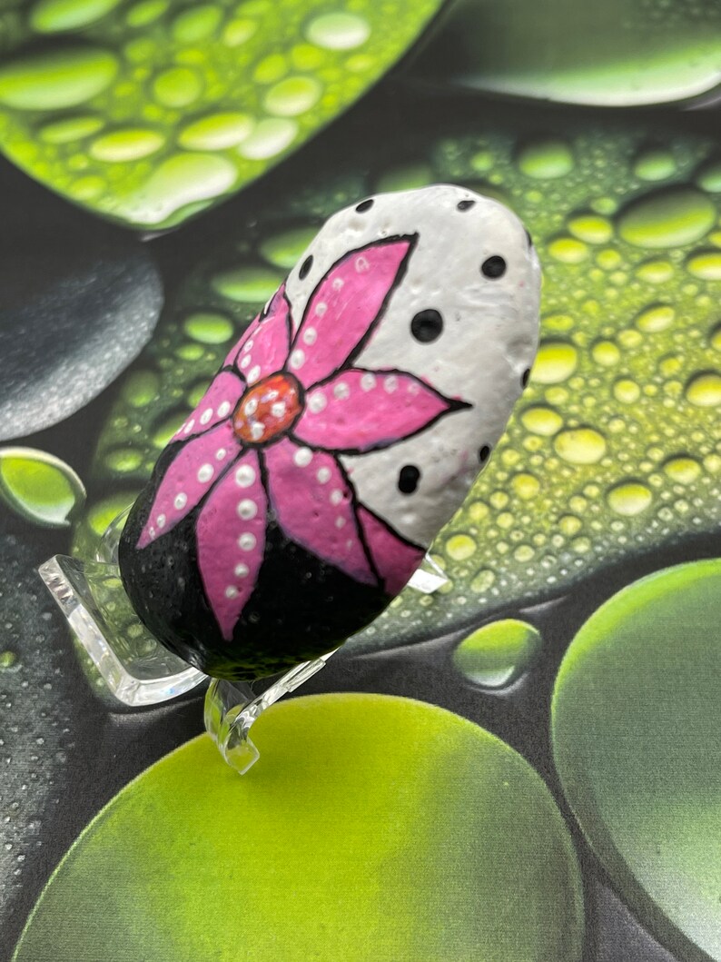 Pink Flower Ribbon With Black & White Dots Painted Rock Etsy