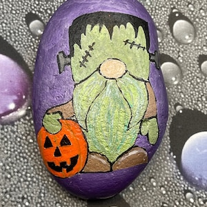 Frankenstein Gnome with Pumpkin, Hand Painted Rock, Halloween Art, Stone Painting