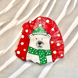 Christmas Polar Bear with Green Scarf & Hat, Holiday Winter Stone Artwork, Painted Rock