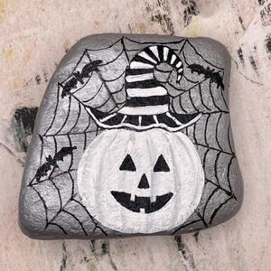 White Pumpkin with Witch Hat and Spider Web, Hand Painted Rock, Halloween Art Decoration, Stone Painting