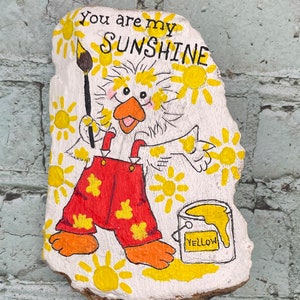 Cartoon Duck Painting Yellow Suns, You Are My Sunshine, Painted Rock, Painted Stone Art