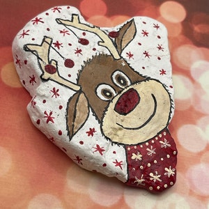 Christmas Reindeer Rudolph, Painted Rock, Holiday Winter Decor, Stone Painting