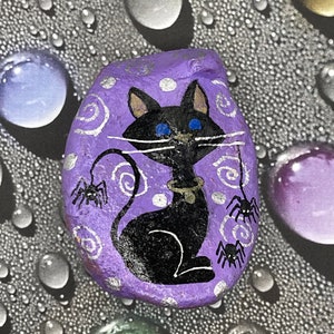 Cute Whimsical Black Cat with Spiders, Halloween Decoration, Hand Painted Rock