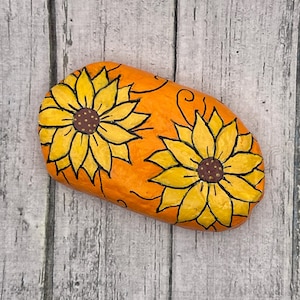 Yellow and Orange Sunflowers, Painted Rock, Pebble Art, Stone Painting