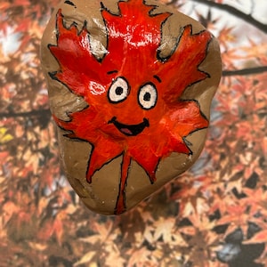 Cute Whimsical Red Maple Leaf, Fall Autumn Decor, Hand Painted Rock