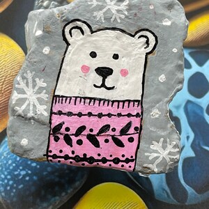 Winter Polar Bear with Pink Sweater, Snow, Hand Painted Rock, Stone Painting Art