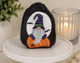 Glow in the Dark Halloween Gnome Painted Rock, Pumpkin Gnome Decor, Spooky Tiered Tray Decor, Hand Painted Stone