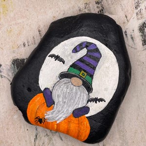 Glow in the Dark Moon with Gnome on Pumpkin, Halloween Decor, Painted Rock Stone