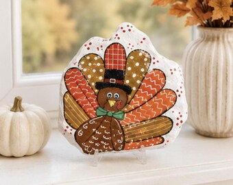 Thanksgiving kalkoen geschilderde rots, decor pelgrim kalkoen, handgeschilderde herfstdecoratie, herfstplankoppas, Thanksgiving-cadeau