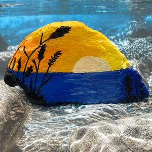Silhouette Sunset Over Water, Botanical Pebble Art, Painted Rock