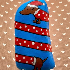 Adorable Winter Dachshund Wrapped Around Painted Rock, Unique Pet Lovers Gift