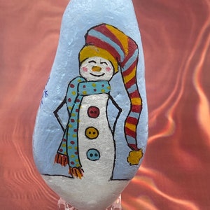 Whimsical Winter Snowman Scarf, Let it Snow, Christmas Holiday, Hand Painted Rock, Stone Painting