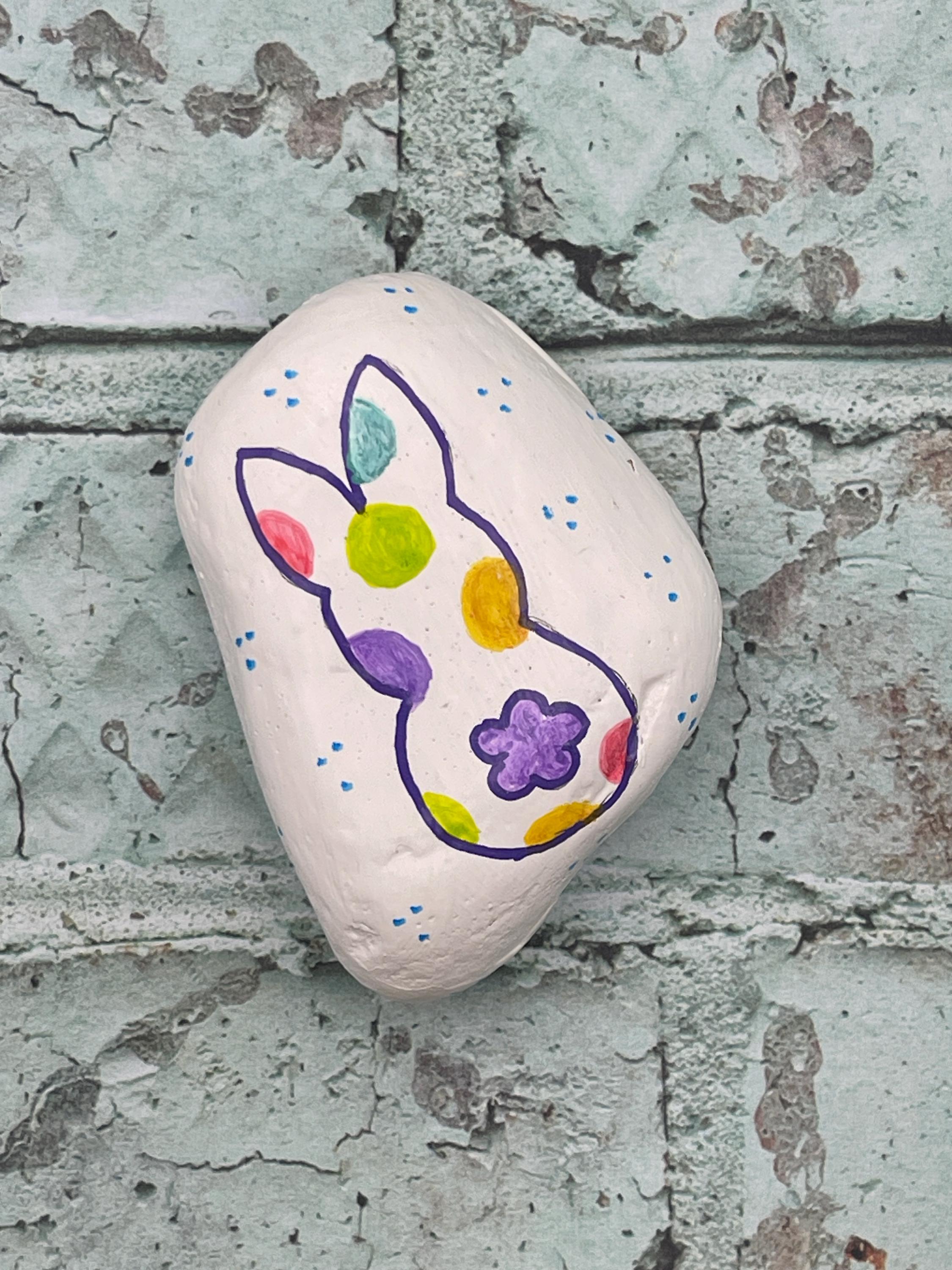 Simple Rabbit Pebbles Paint Easter Bunny Backside With Pastel Polka Dots, Hello Spring, Painted ...