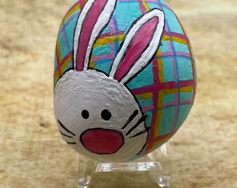 Bunny on Teal with Plaid, Happy Easter, Spring Decor, Painted Rock, Stone Painting