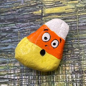 Cartoon Surprised Face Candy Corn, Hand Painted Rock, Fall Art Halloween Art, Stone Kindness Rocks