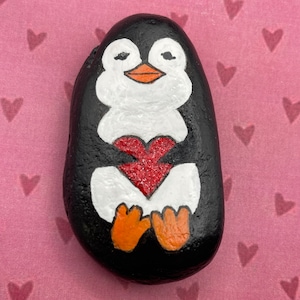 Cute Penguin Hugging a Heart, Valentine Gift, Painted Rock, Stone Art