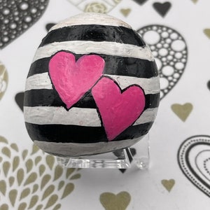 Pink Hearts on Black and White Stripes, Love, Valentine Gift, Painted Rock, Stone Art