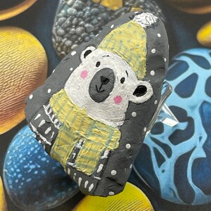 Winter Polar Bear with Yellow Scarf and Hat, Snow, Painted Rock, Stone Painting