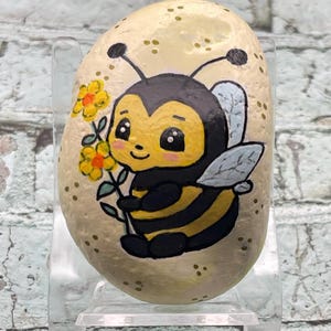 Cute Bee Holding Flowers Hand Painted Rock, Whimsical Animal Art Stone, Unique Gift for Bee Lovers