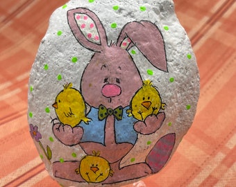 Bunny Holding Baby Chickens, This Bunny Gets All the Chicks, Easter Decor, Painted Rock, Stone Art