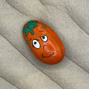 Whimsical Smirking Face Orange Pumpkin, Hand Painted Rock, Fall Art, Halloween Art, Pebble Stone Painting