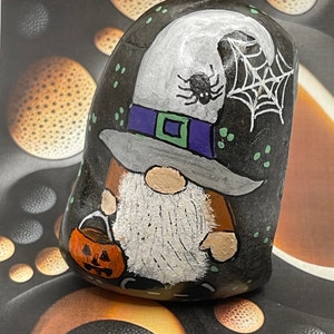 Gnome with Spider Web and Pumpkin, Halloween Decor, Hand Painted Rock, Stone Painting, Kindness Rocks