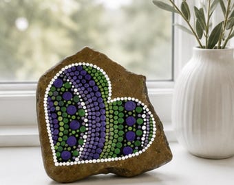 Purple Green Dot Mandala Heart Painted Rock, Hand Painted Stone, Love Gift, Tiered Tray Decor, Unique Home Shelf Decor