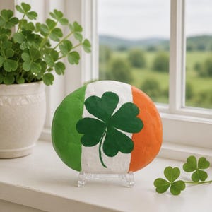 May include: A smooth, oval-shaped stone painted with the vertical green, white, and orange stripes of the Irish flag. A dark green four-leaf clover is painted in the centre of the white stripe. The stone rests on a small, clear plastic stand.