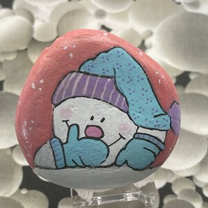 Whimsical Winter Snowman with Blue Hat and Gloves, Pink Christmas Holiday, Painted Rock, Pebble Art