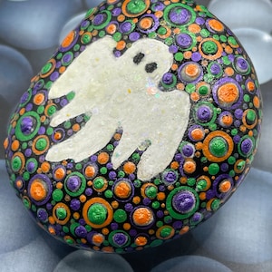 Glow in the Dark Ghost, Hand Painted Rock, Halloween Dot Art, Halloween Decoration, Stone Painting