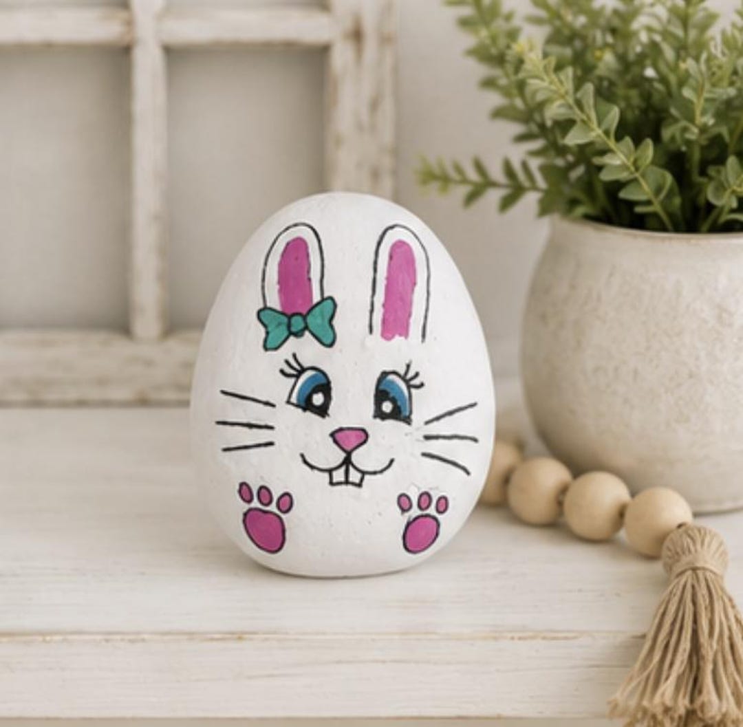 Hand Painted Easter Bunny Rock With Bow, Spring Garden Decor, Bunny ...