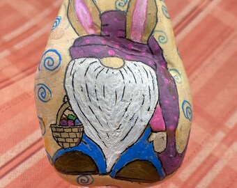 Easter Bunny Gnome Holding Easter Basket, Happy Easter, Spring Painted Rock, Stone Painting